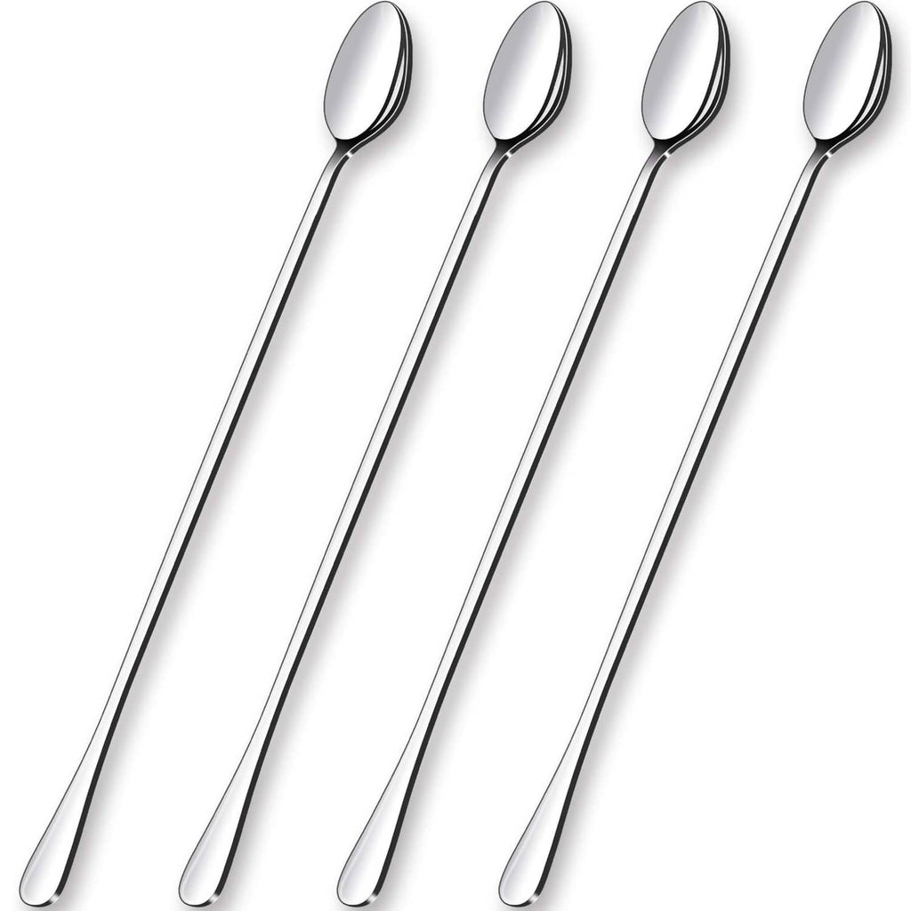 Set of long stainless mixing spoons with oval bowls and slim 12-inch handles