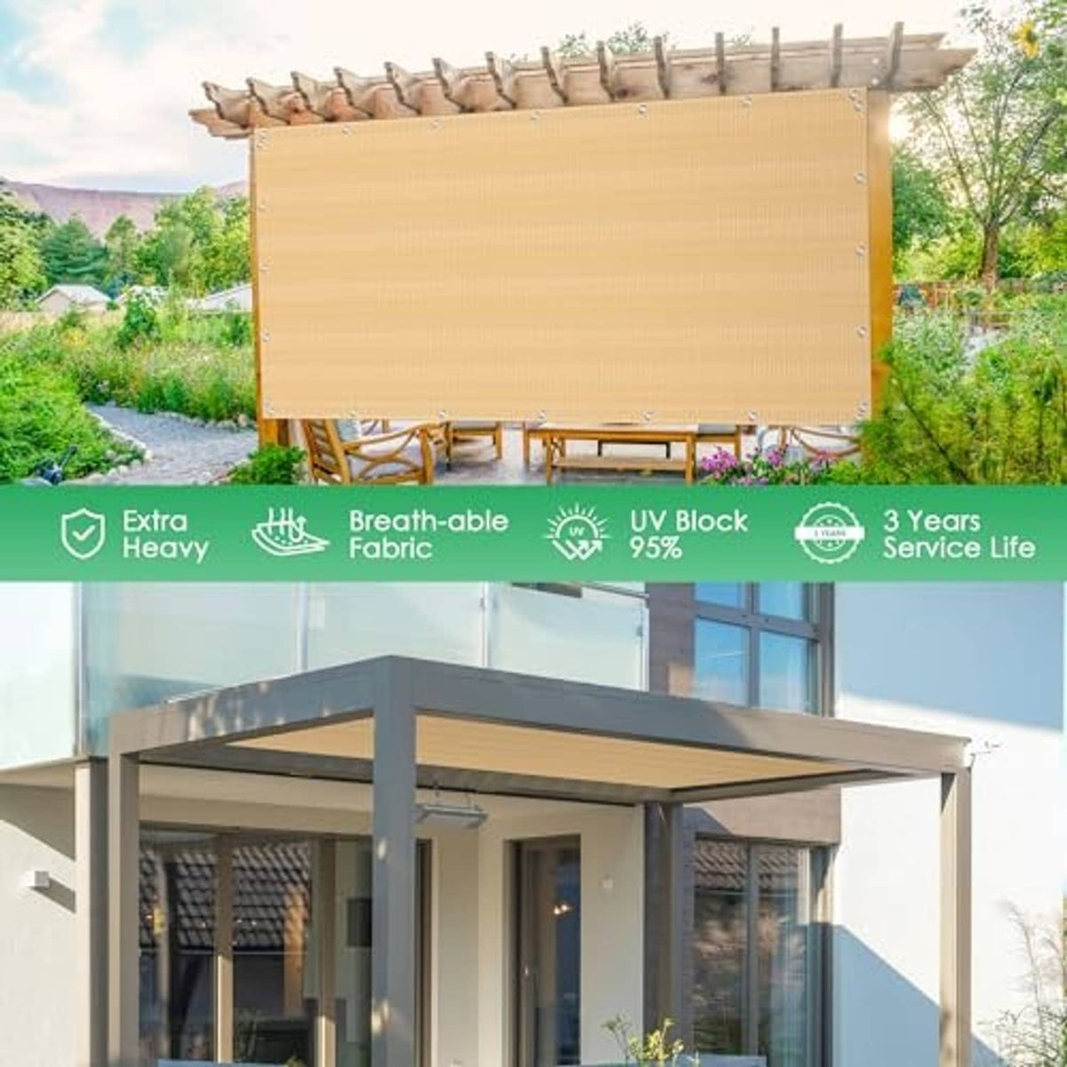 Desert sand pergola shade fabric mounted on overhead frame, secured with corner grommets.