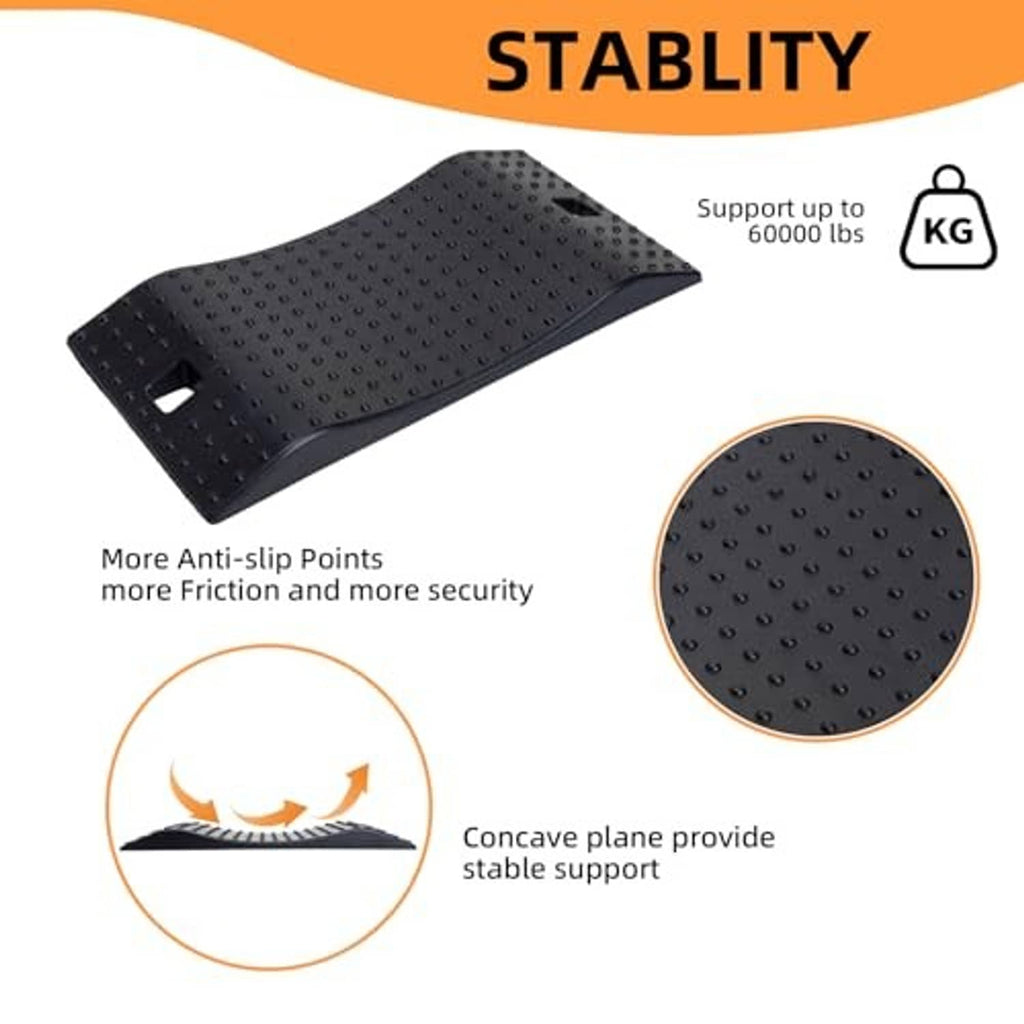 Black rubber wheel ramp with anti-slip dot tread and stability support illustration
