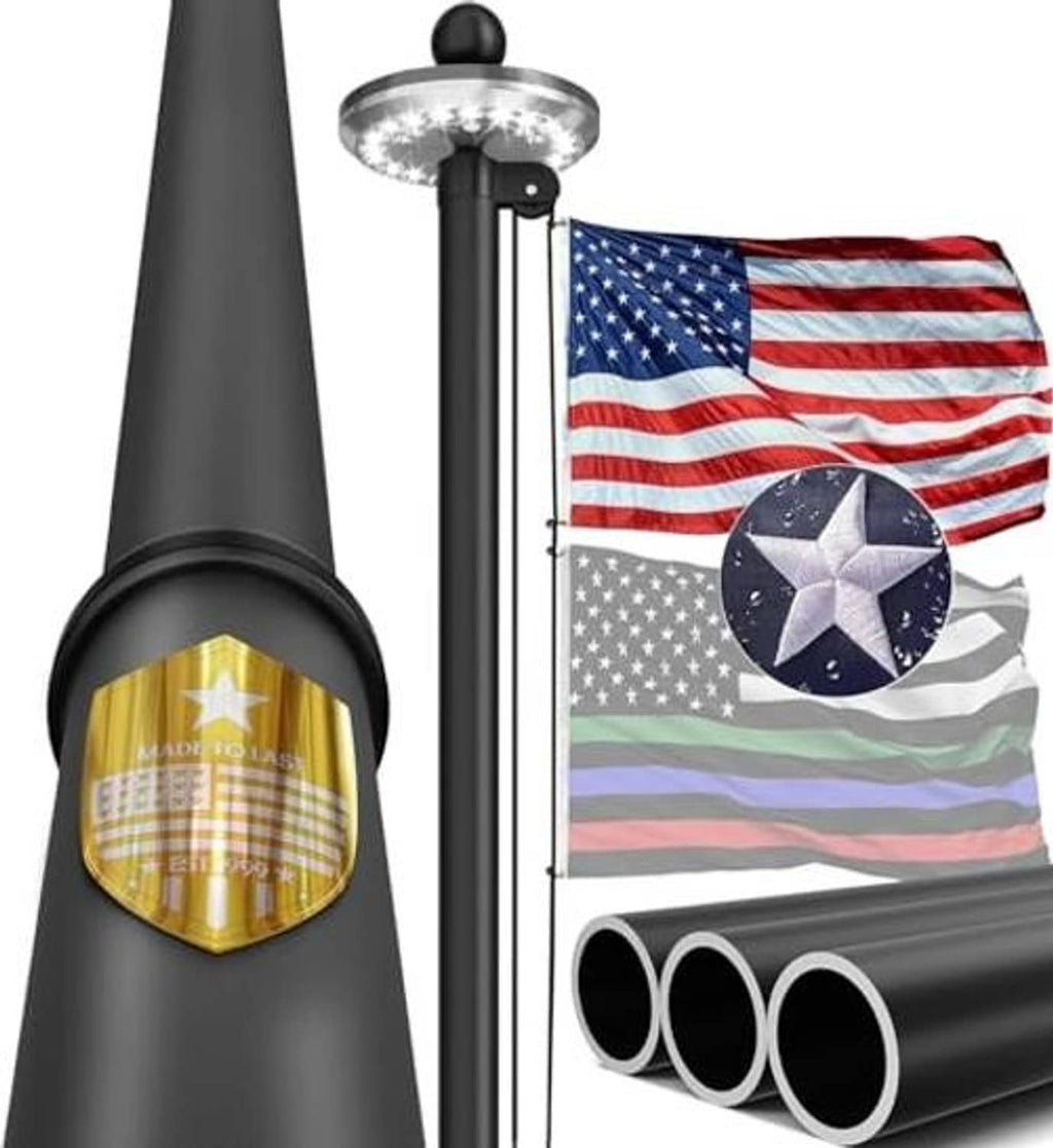 Black flag pole with solar light head, attached flag, and triple base sleeve ends