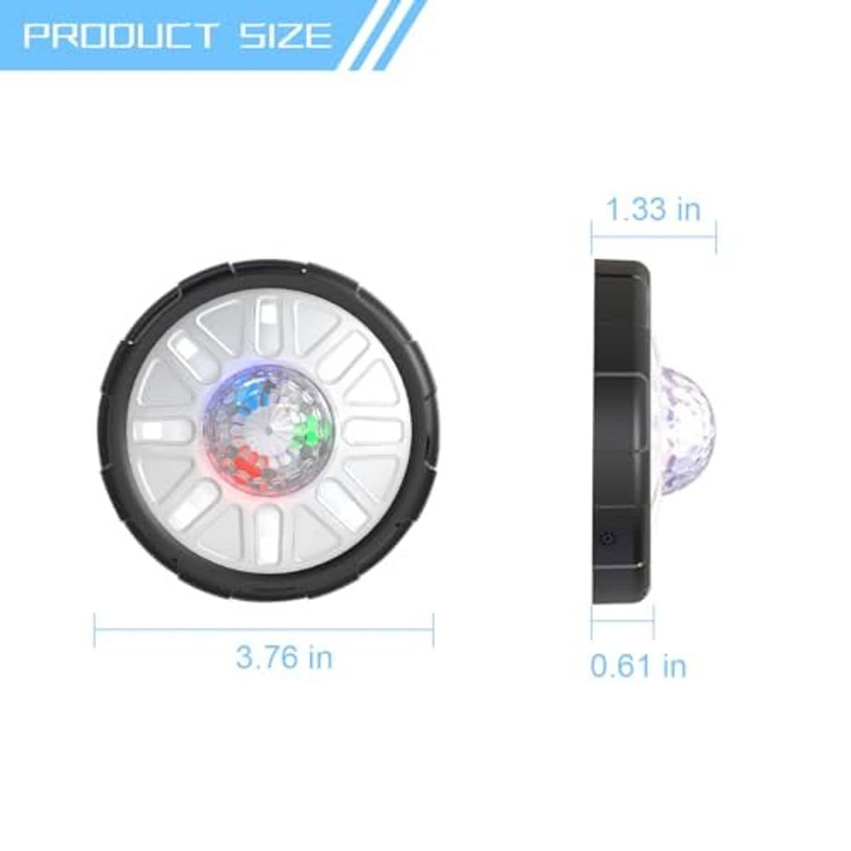 Round LED magnetic car ceiling light size diagram, thickness and diameter shown