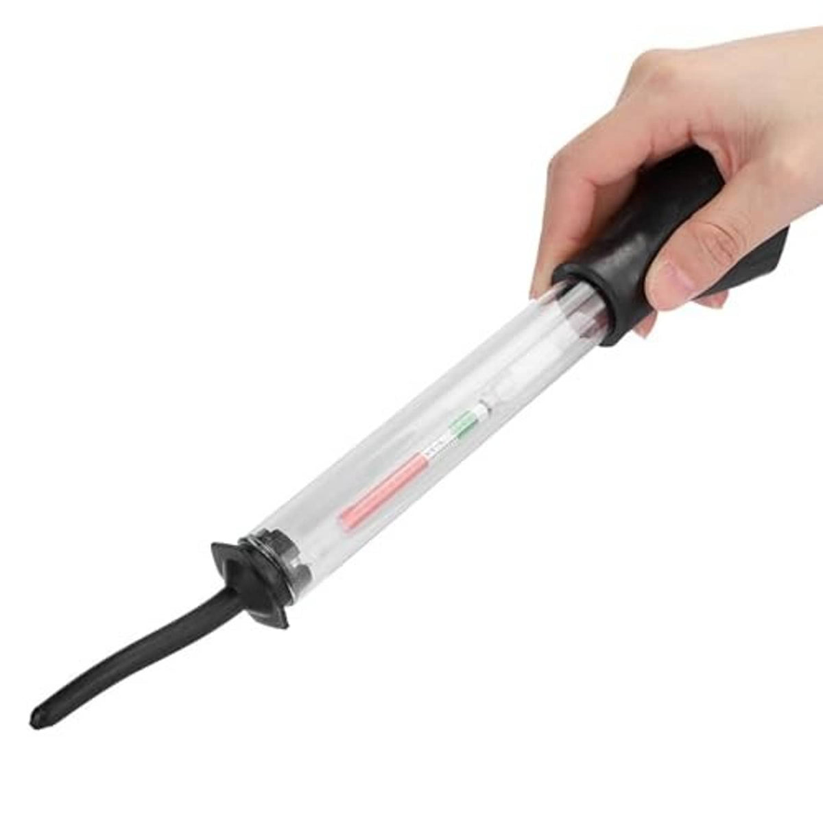Battery hydrometer tester with clear tube and black rubber grip, held in hand