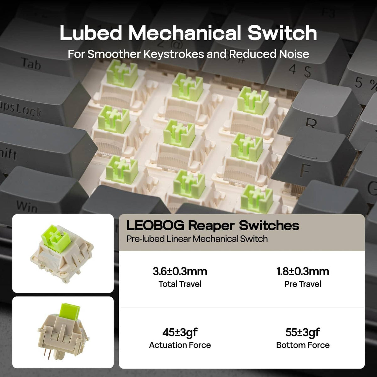 Pre-lubed linear mechanical switch with green stem and transparent housing