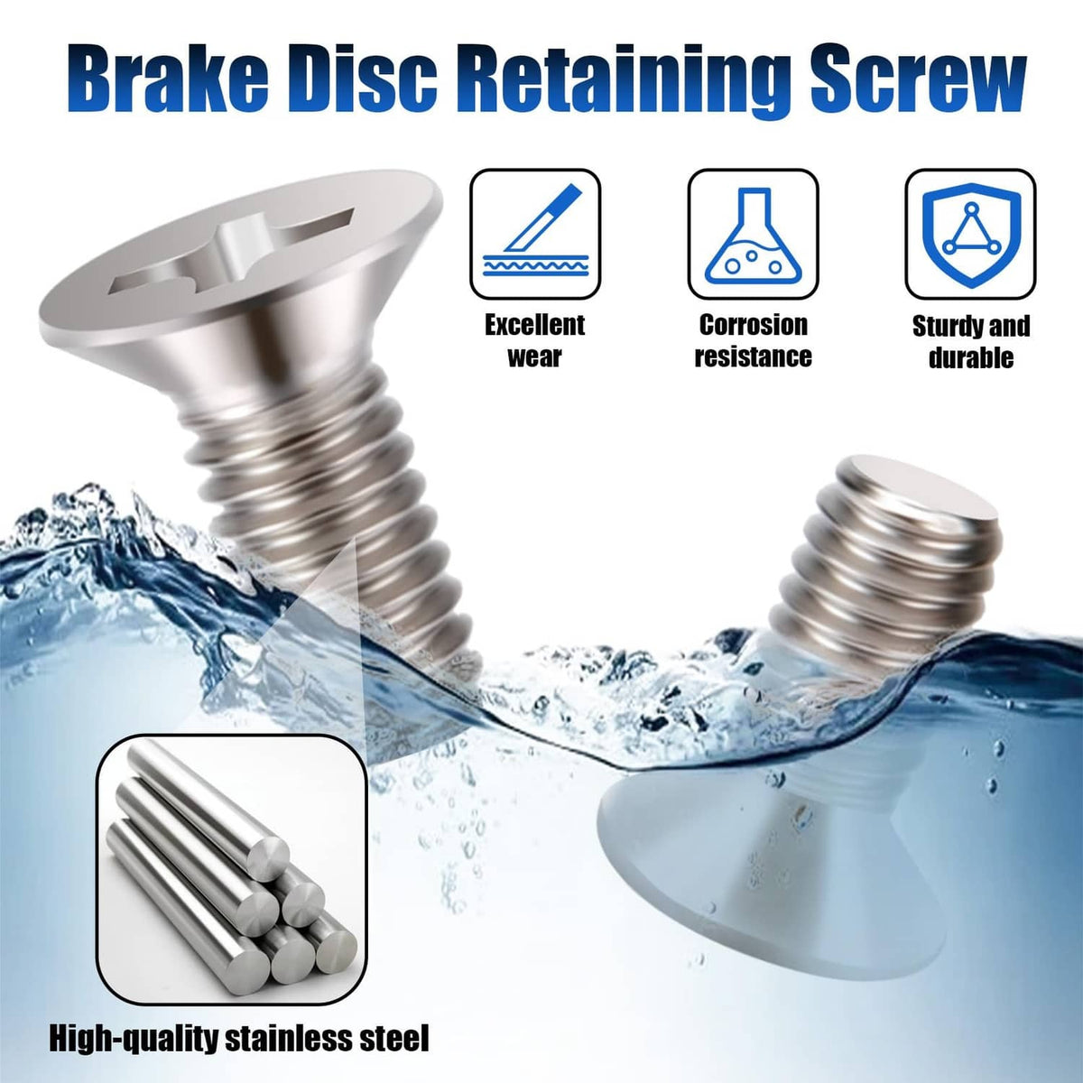 Stainless steel brake disc retaining screw, threaded shaft and flat head set