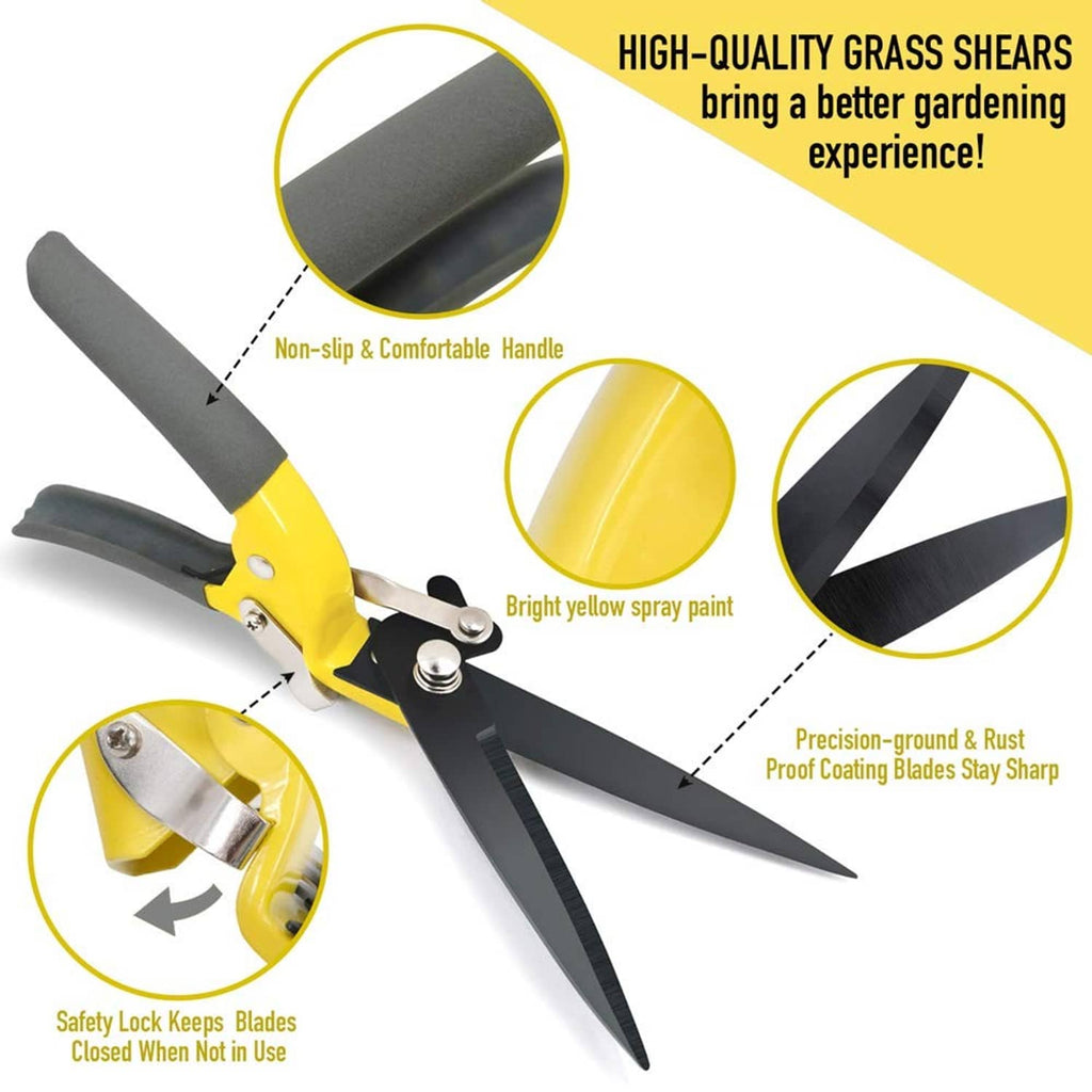 Yellow-handled grass shears with coated gray blades and pivoting hinge for trimming.