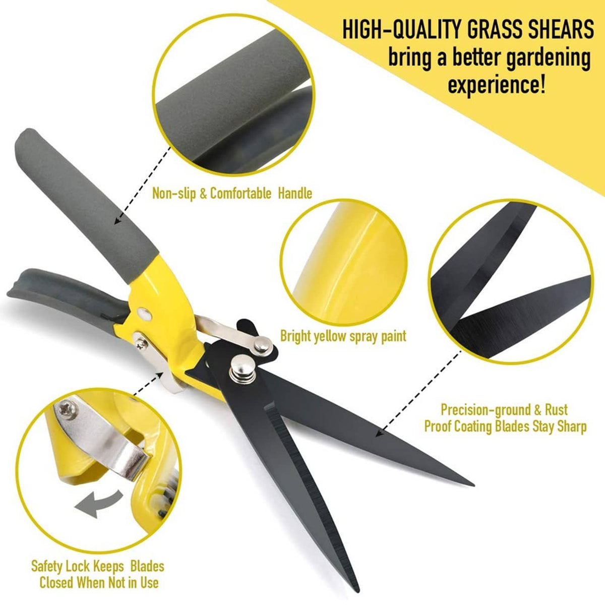Yellow-handled grass shears with coated gray blades and pivoting hinge for trimming.