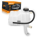 White engine coolant overflow recovery tank with black cap and connected hose fittings