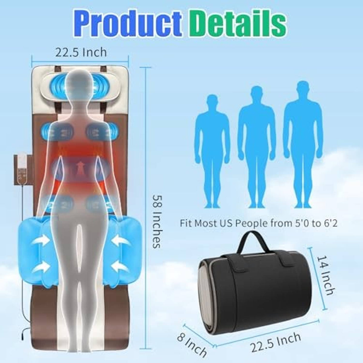 Massage mat size and traction diagram with blue airbags and black carrying bag