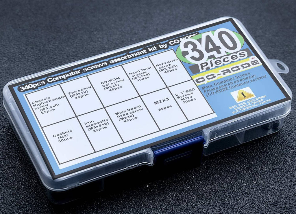 340-piece computer screws assortment kit with size chart label on storage case