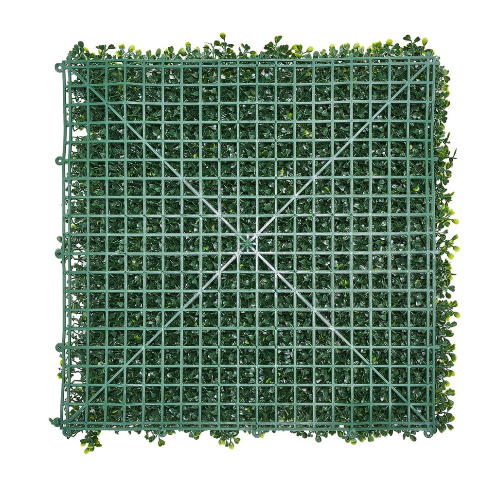 Green artificial grass privacy fence screen with square grid backing and leafy edge