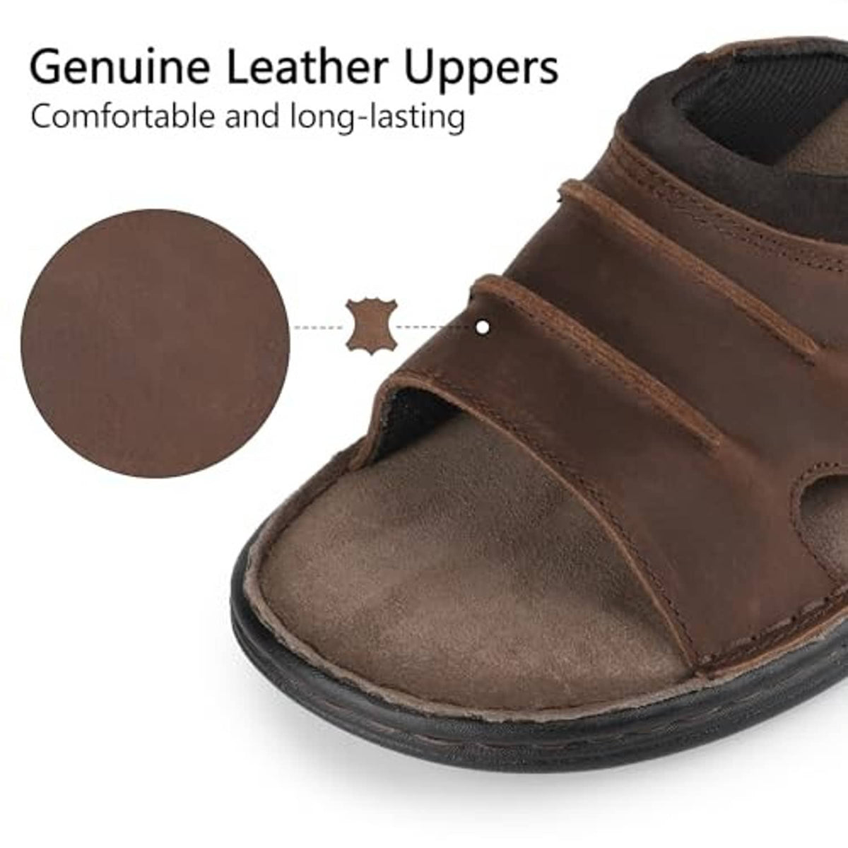 Dark brown leather slide sandal upper with open toe cutouts and padded lining