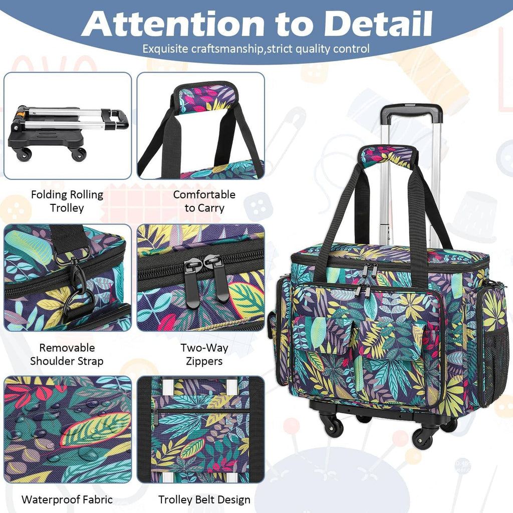 Rolling sewing machine tote with removable shoulder strap and two-way zippers; leaf print.