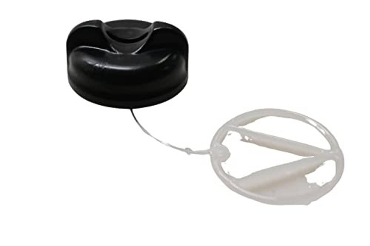 Chainsaw oil cap assembly with black cap and clear tethered retainer