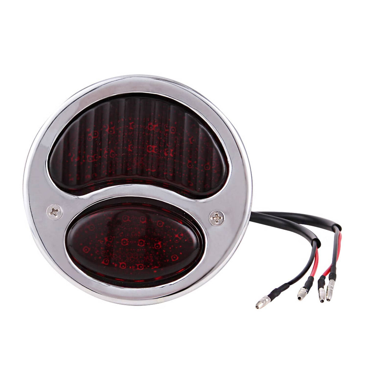 Round chrome bezel tail light with dual dark-tinted red lenses and black wiring pigtails