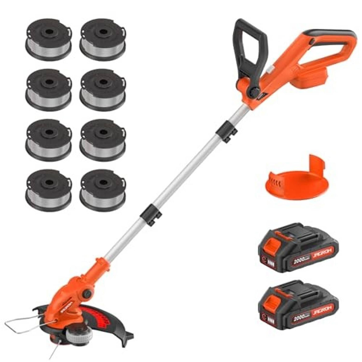 Orange cordless string trimmer side view with spare line spools, safety guard, two batteries