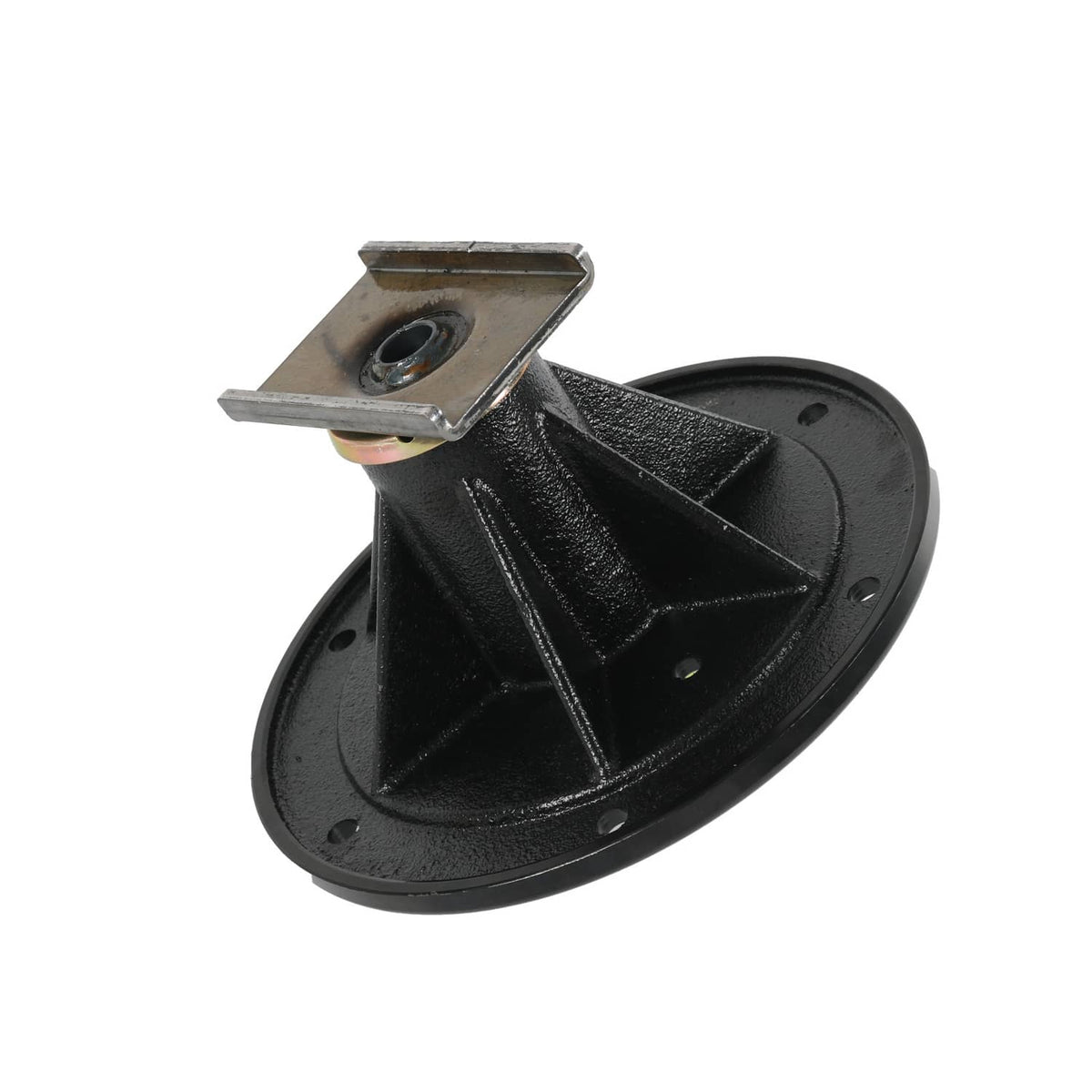 Black deck spindle with triangular support and rectangular top plate with center hole