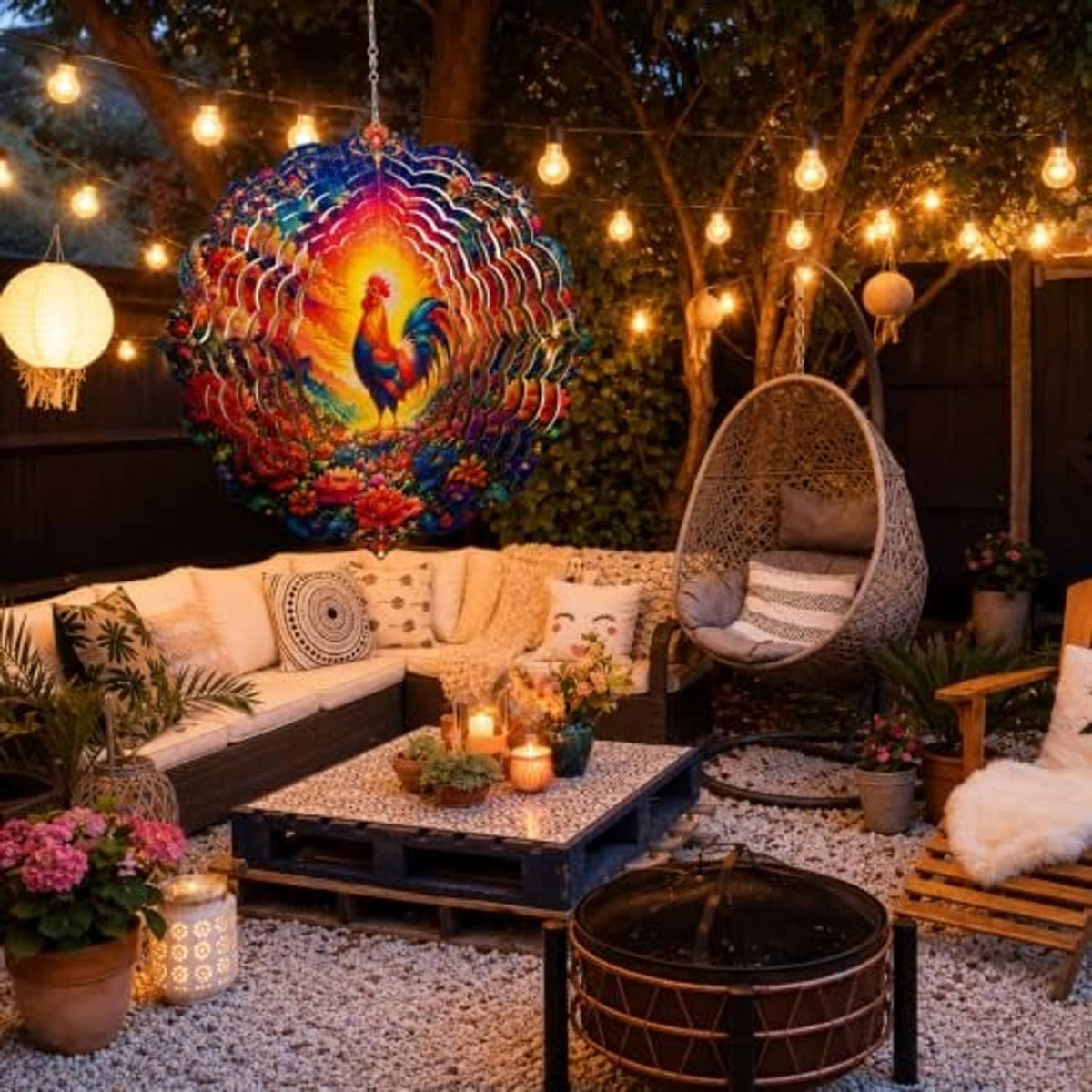 Rooster wind spinner centered above outdoor seating area, vibrant layered design