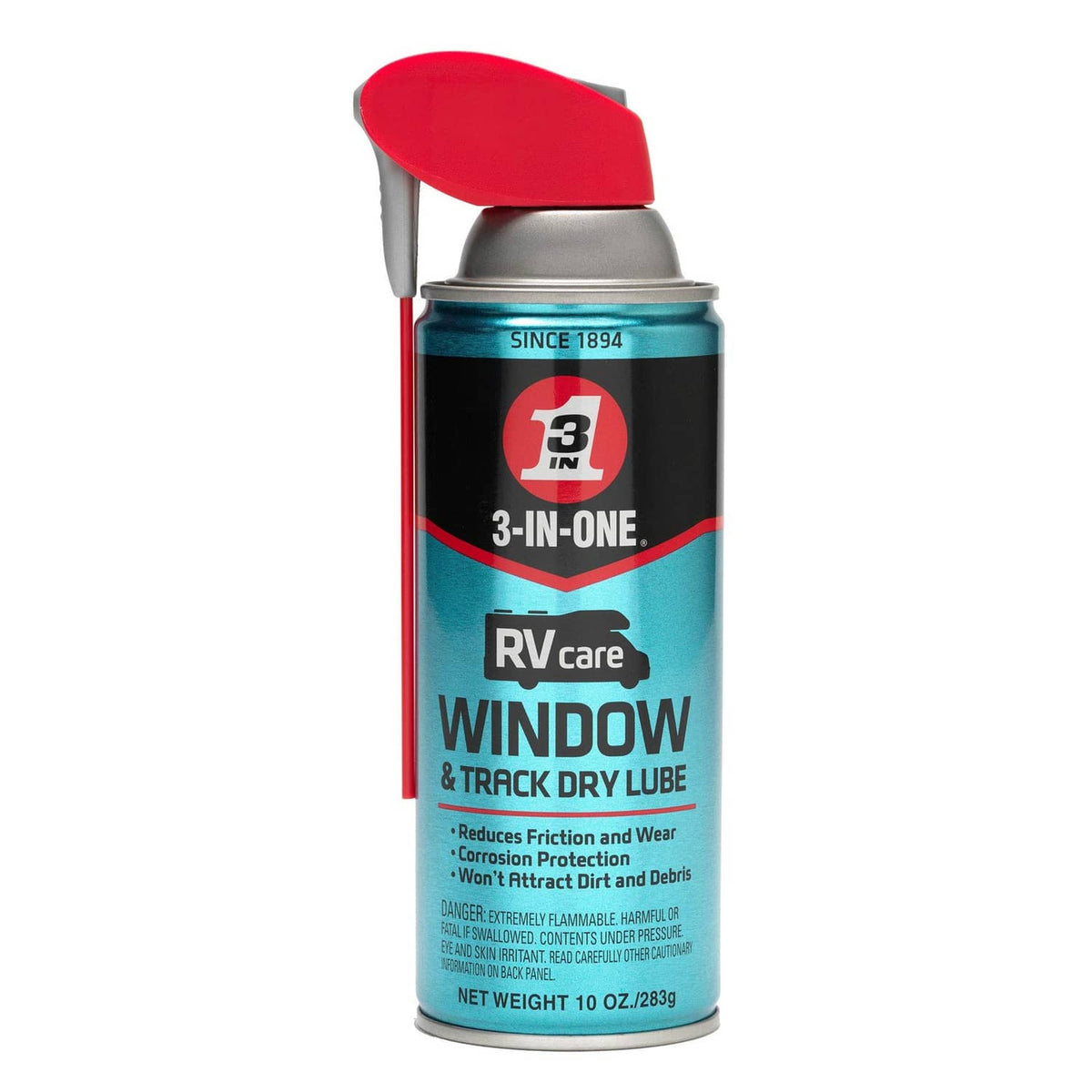 RVcare 3-in-one Window & Track Dry Lube spray can with red nozzle straw