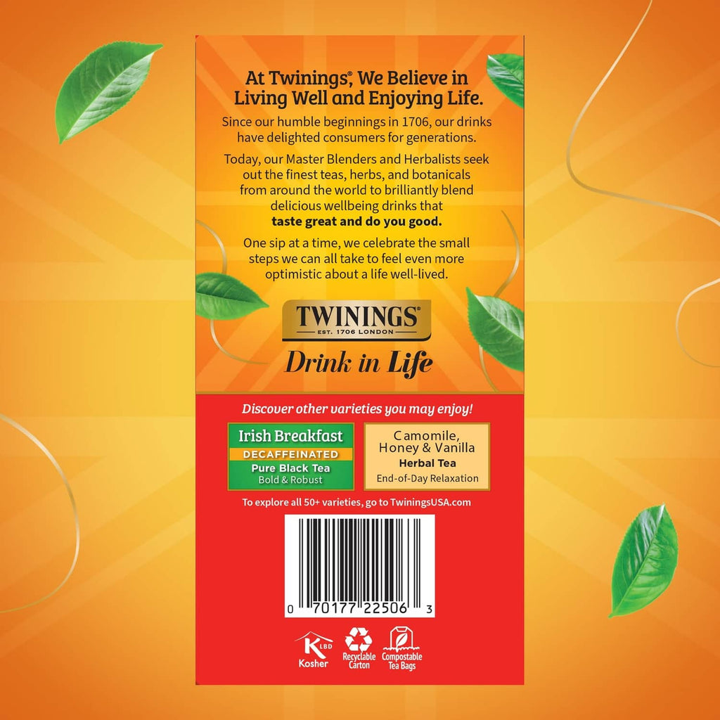 Twinings decaffeinated English Breakfast tea box back panel with ingredients details