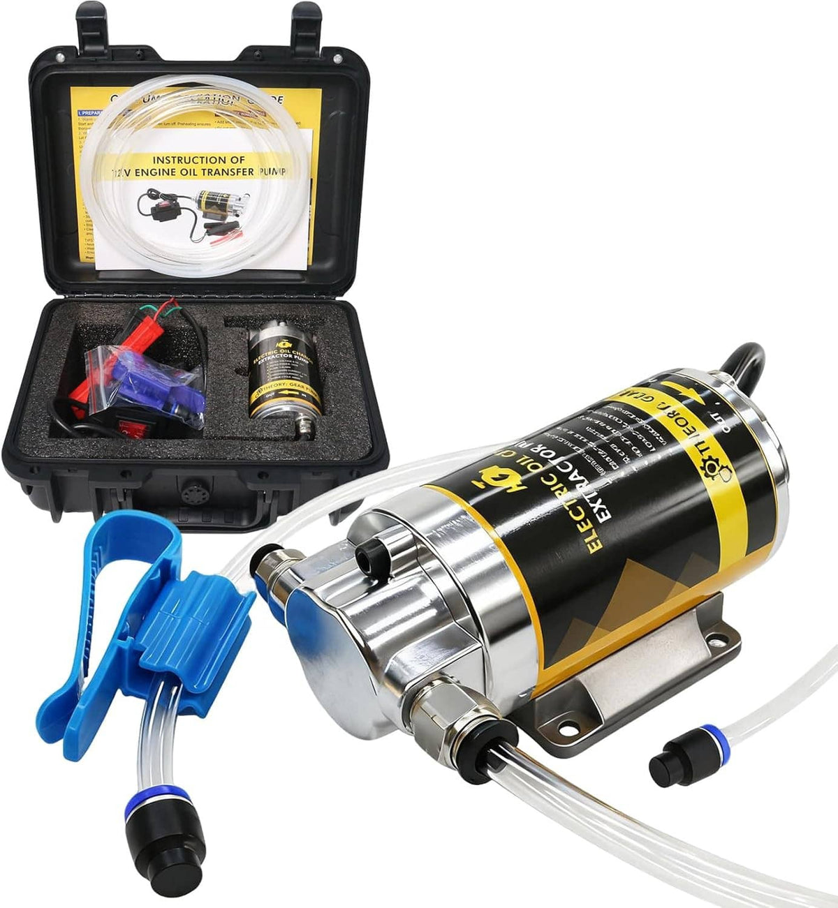 12V electric oil transfer pump set with black case, hoses, and blue siphon clamp