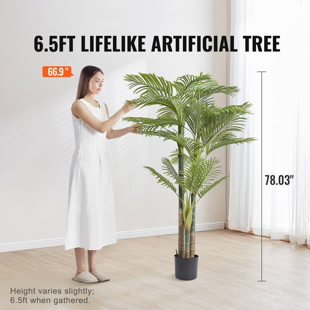 6.5 ft lifelike artificial palm tree with green fronds in black pot