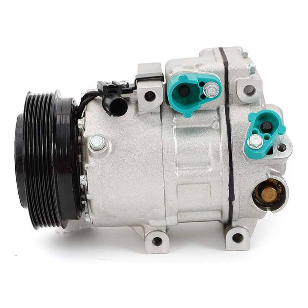 A/C compressor with clutch, angled view showing black pulley, silver body, teal ports