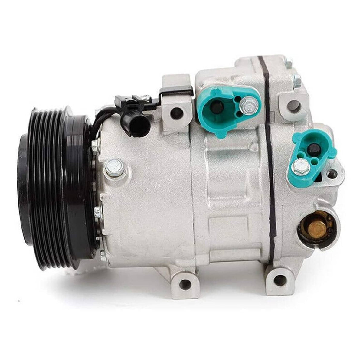 A/C compressor with clutch, angled view showing black pulley, silver body, teal ports