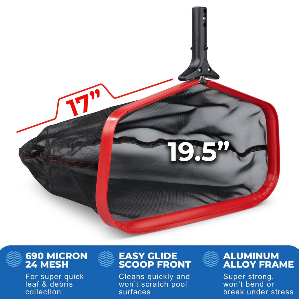 Red pool leaf skimmer net with black mesh bag and 19.5in scoop frame