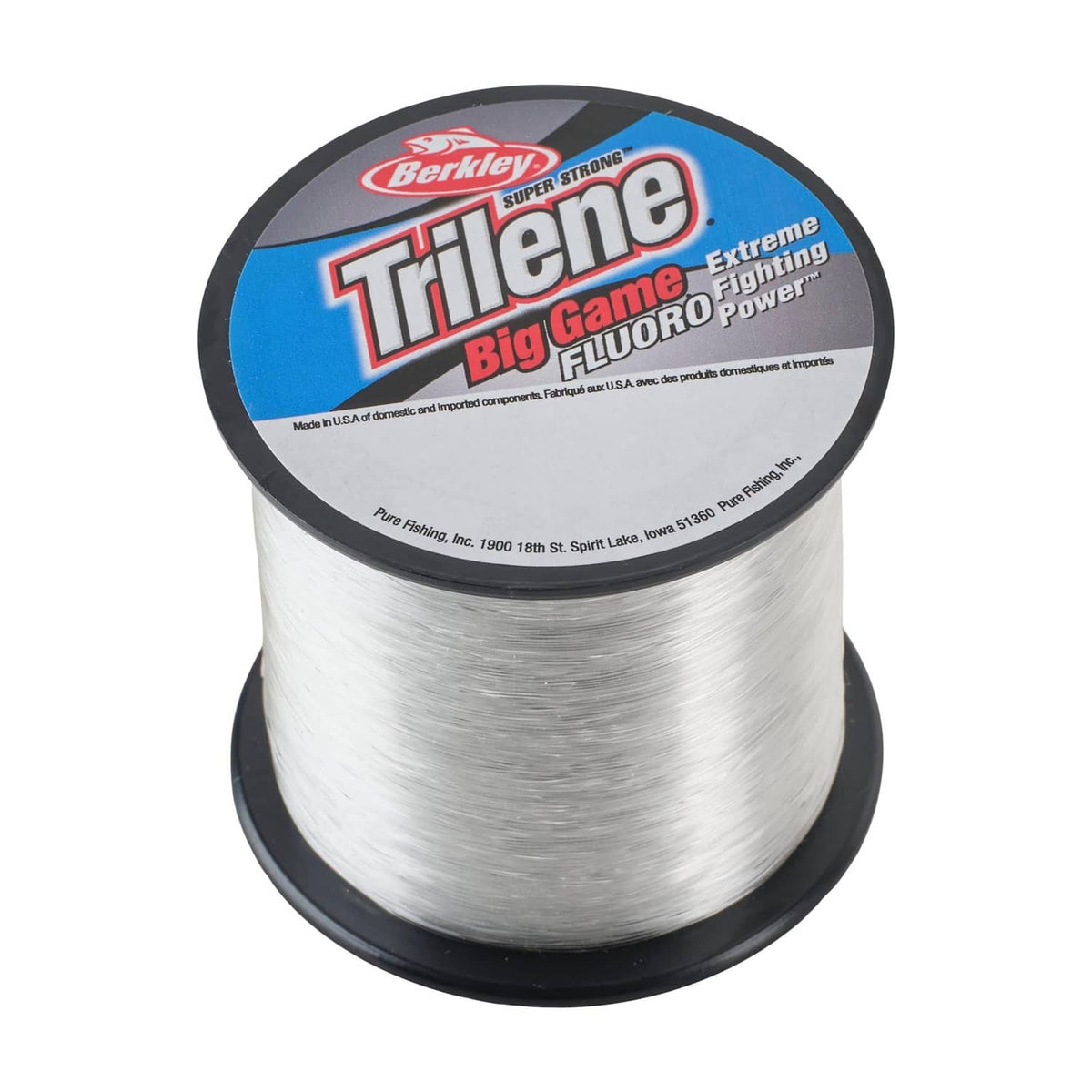Fluorocarbon fishing line spool with Trilene Big Game label; white line on black bobbin