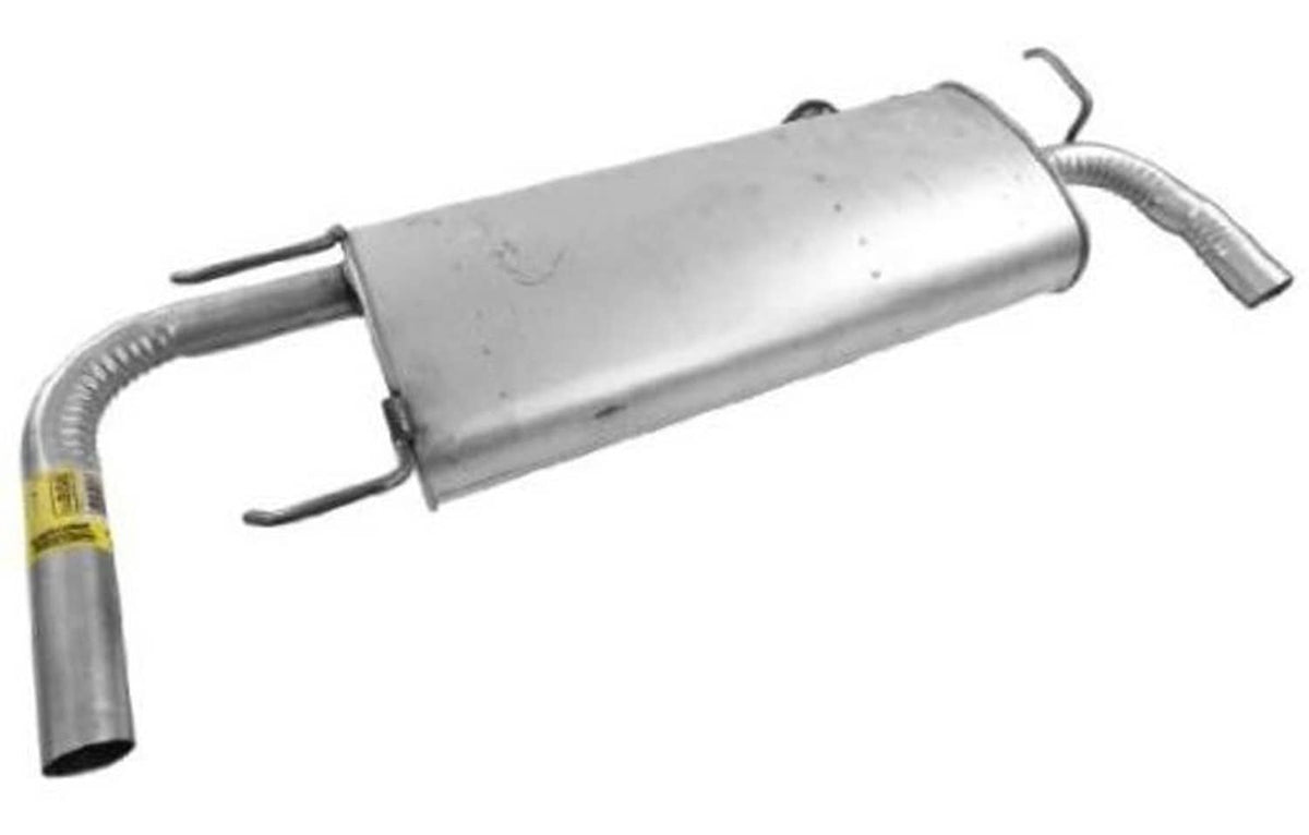 Stainless steel exhaust muffler with curved inlet/outlet pipes and hanger loops.