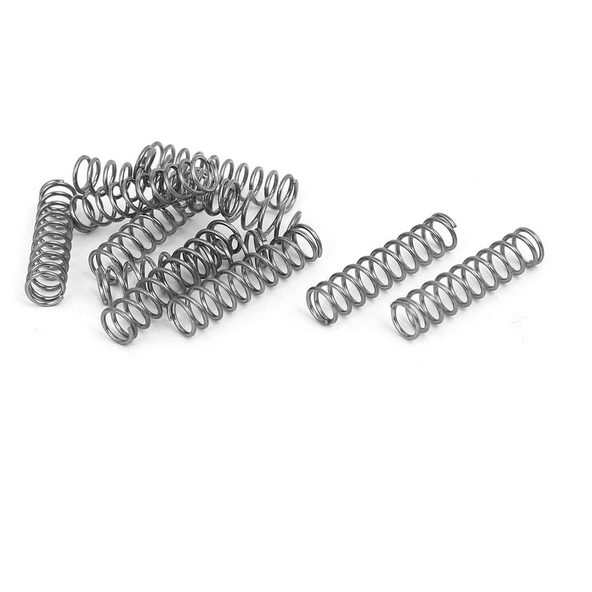 Silver compression coil spring in stainless steel wire, round wound loops