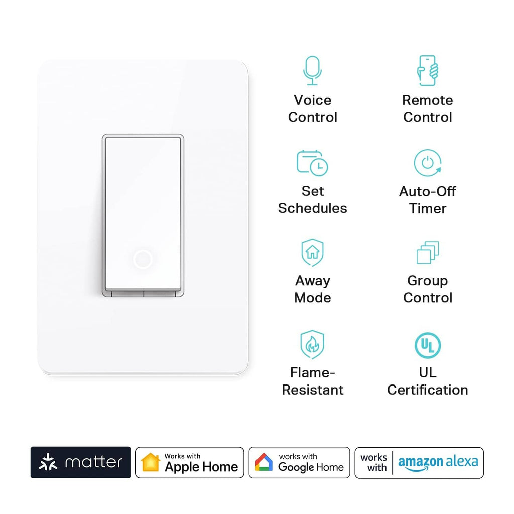 White single-pole smart light switch with front panel and circular indicator