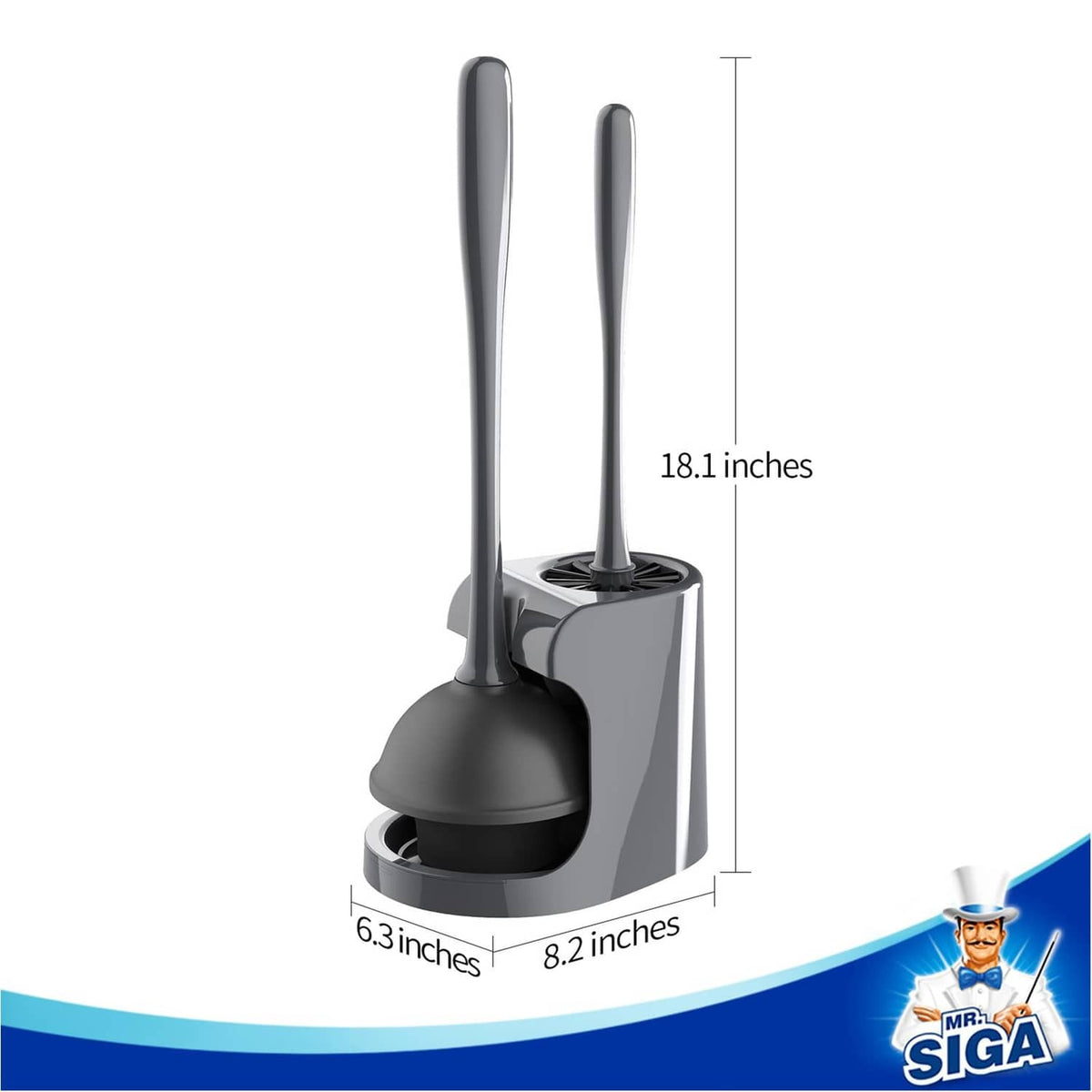 Gray toilet plunger and brush combo with height 18.1 in and base 6.3 in
