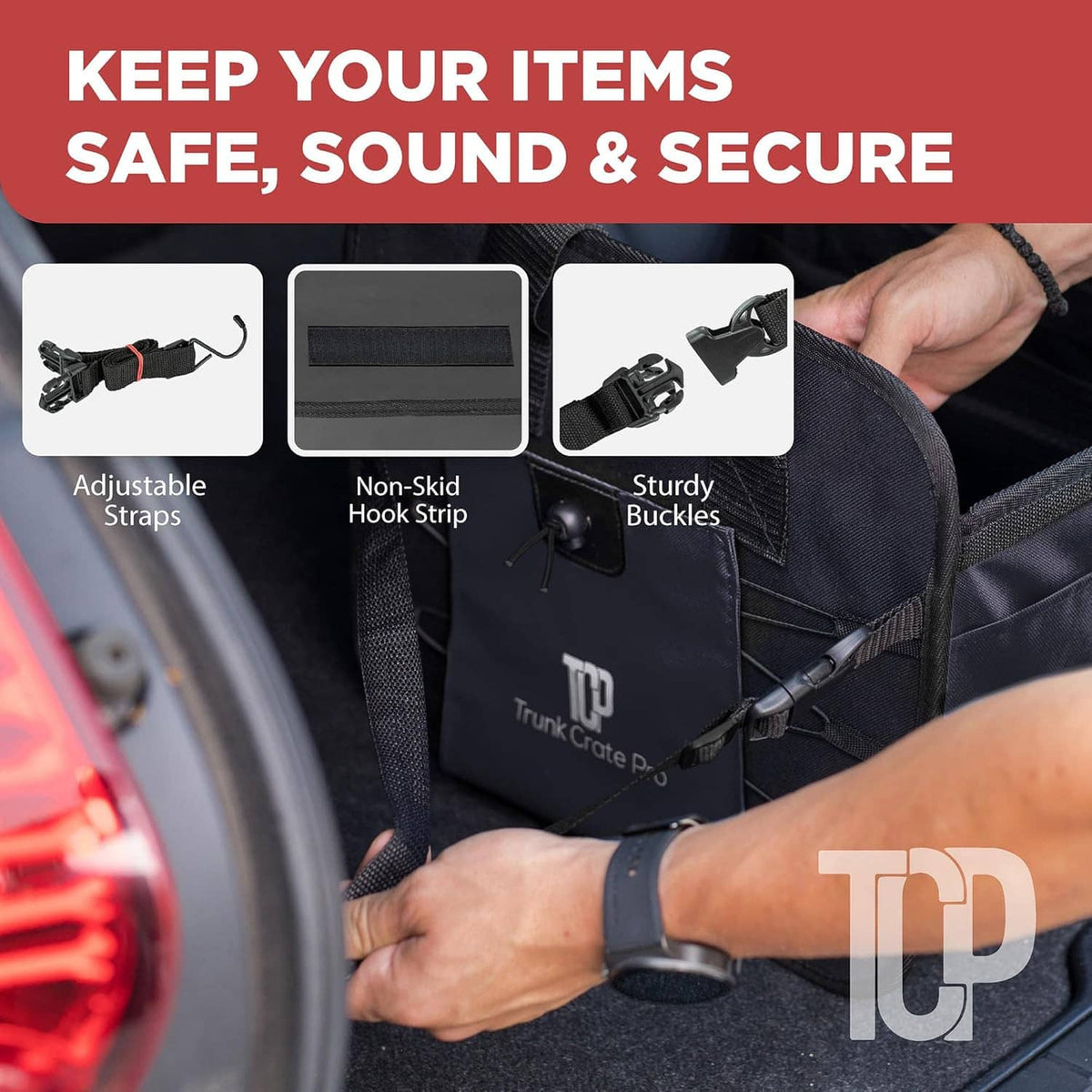 Black trunk organizer with adjustable straps, non-skid hook strip, and sturdy buckles