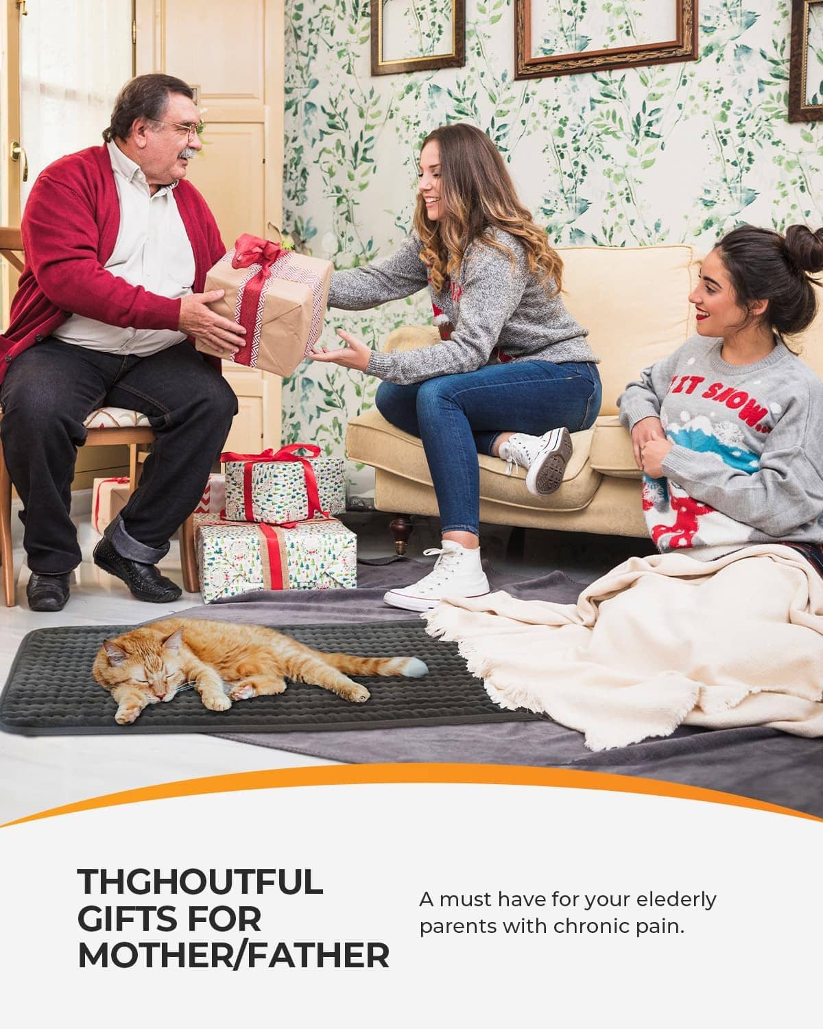 Gray heating pad placed on the floor mat for family care.