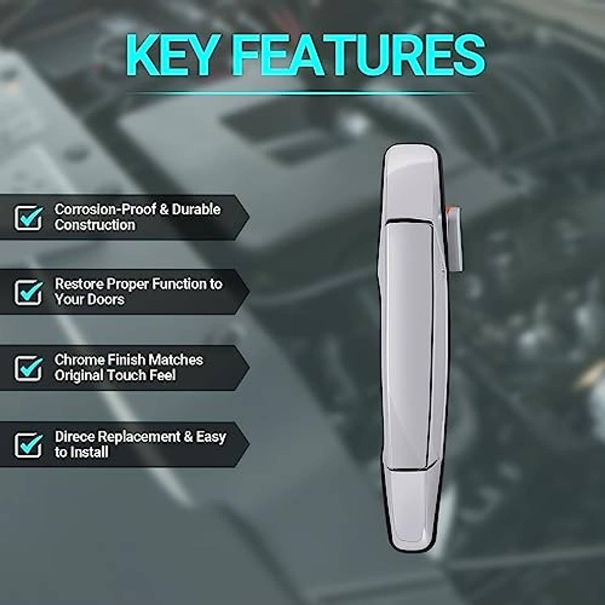 Chrome exterior door handle on “Key Features” graphic with feature list