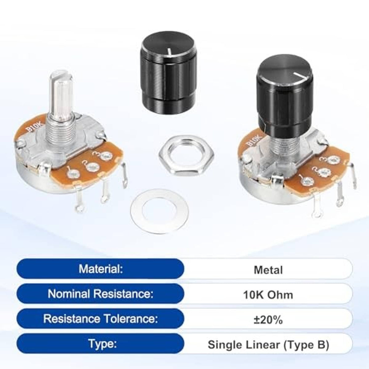 Rotary single-turn potentiometer with black knob, metal shaft, orange circuit board, nuts