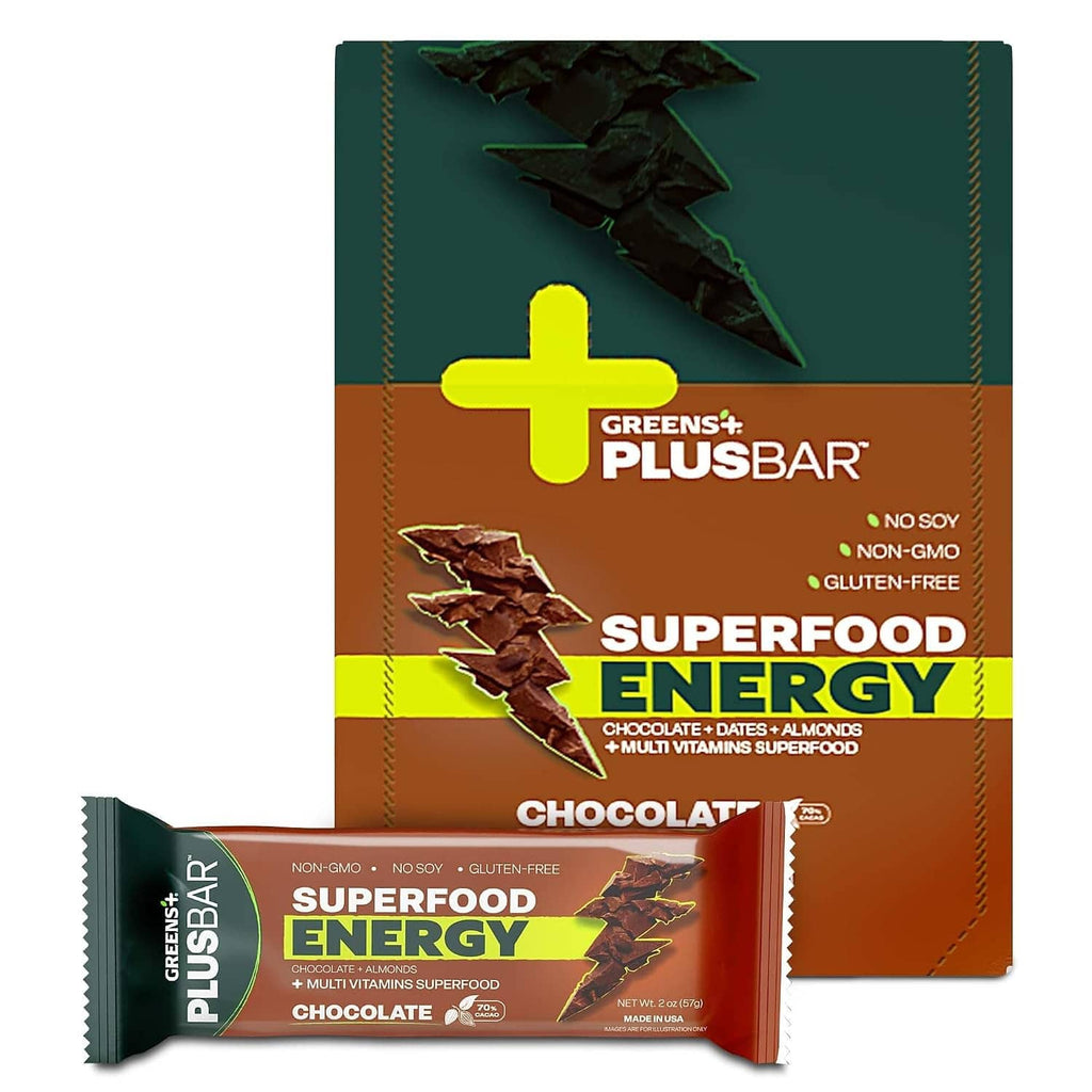 Chocolate energy bar multipack with green plus logo and individual bar pouch.