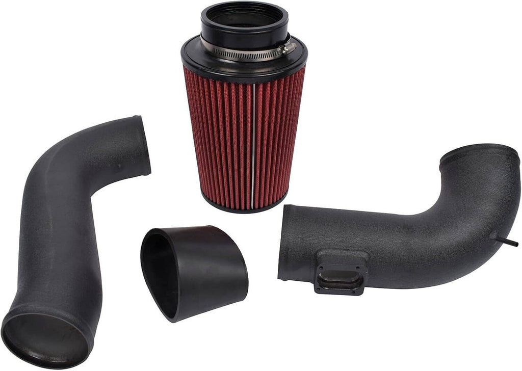 Cold air intake kit with red pleated air filter and black rubber intake hoses