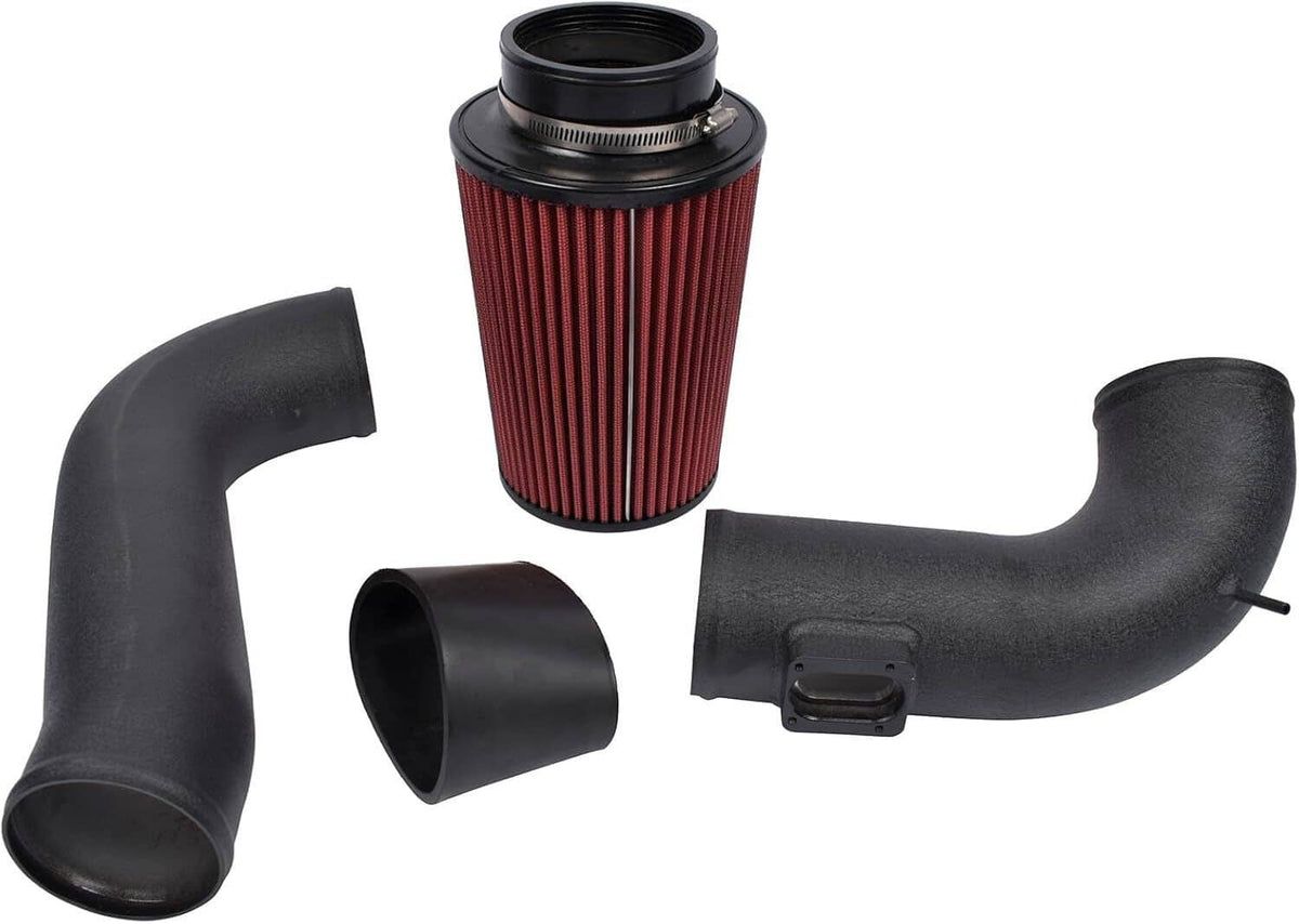 Cold air intake kit with red pleated air filter and black rubber intake hoses