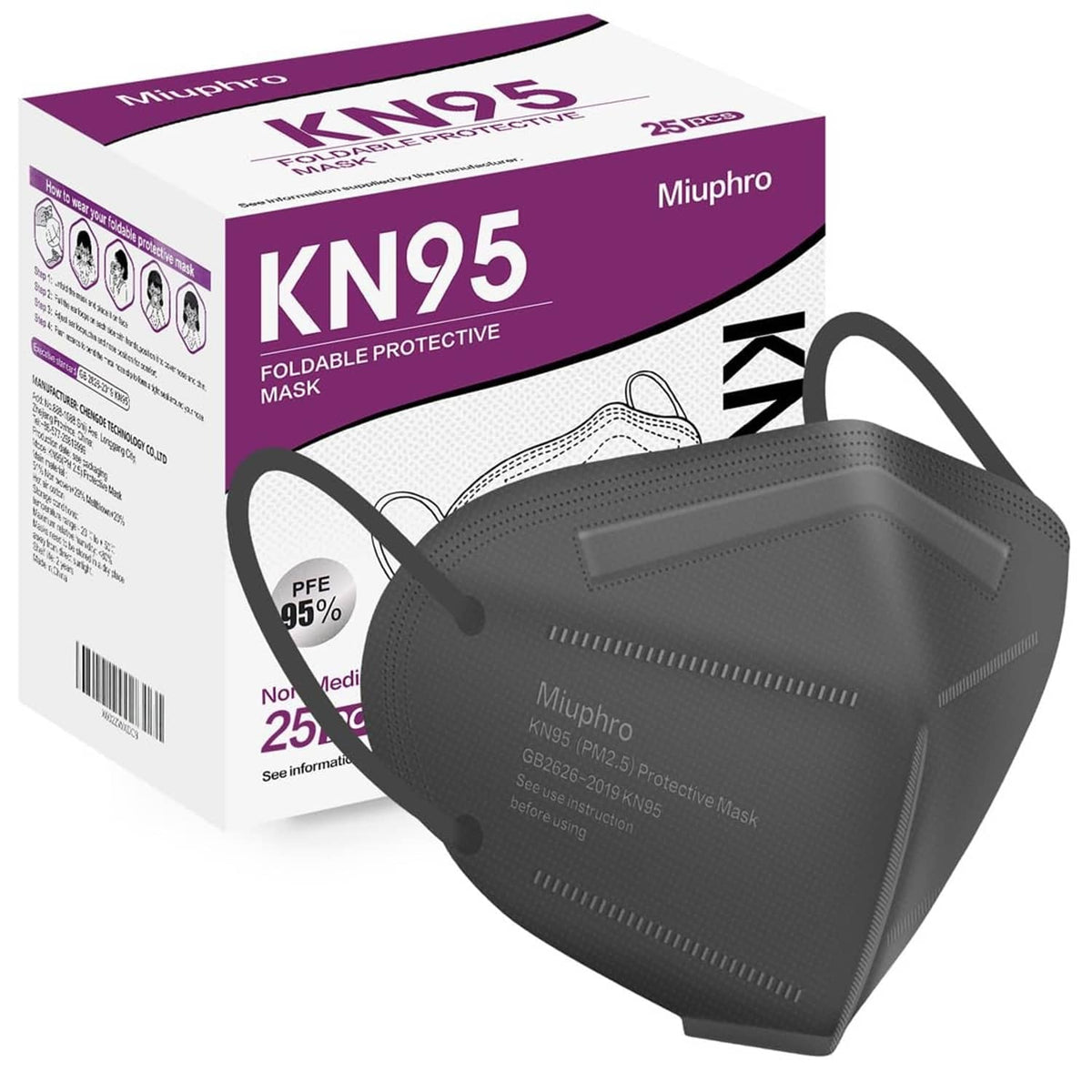 Grey KN95-style face mask on retail box, folded protective design