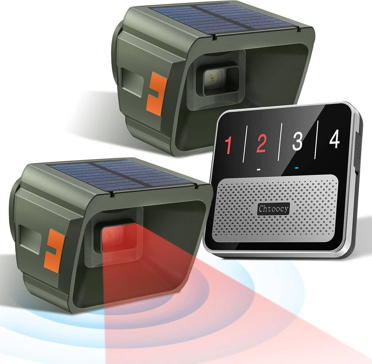 Two green radar and IR driveway alarm sensors and wireless remote control with 1–4 panel