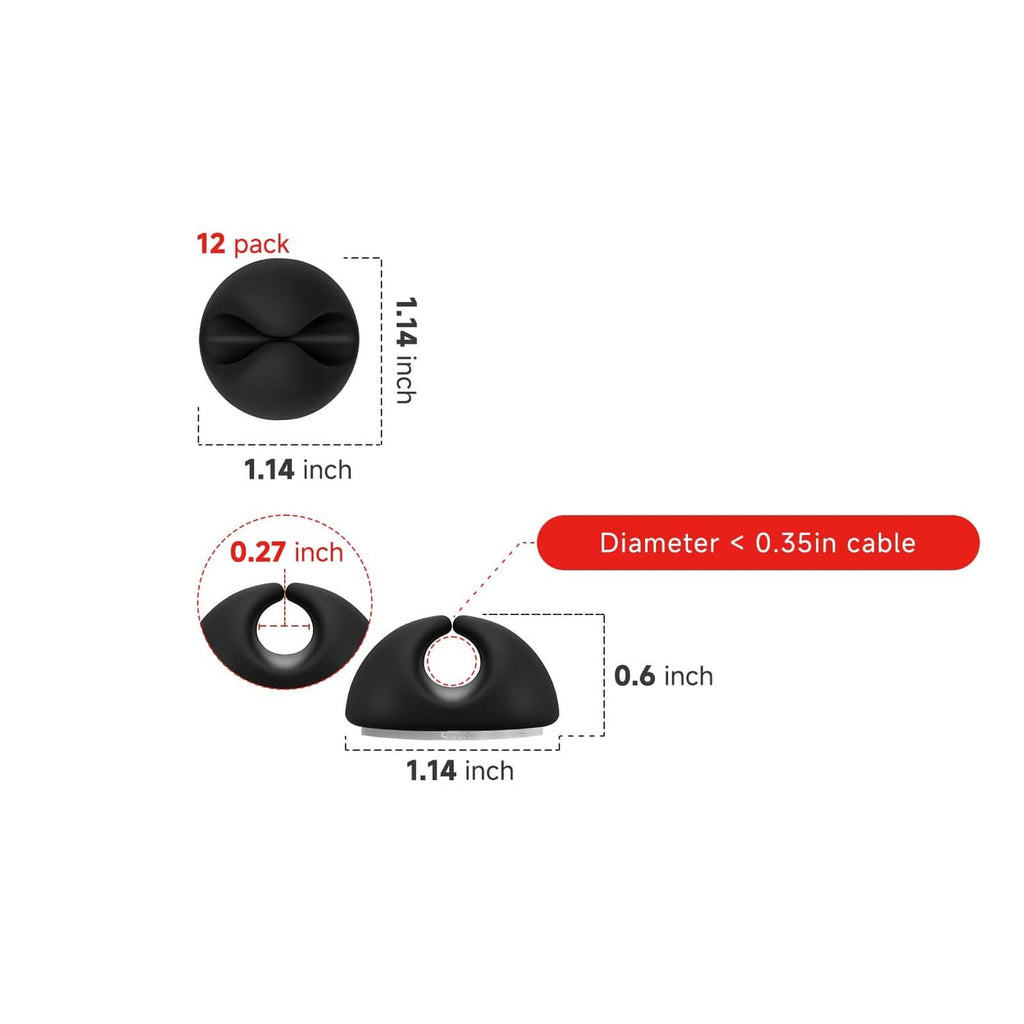 Black round cord holder with adhesive backing, showing size proportions and cable fit