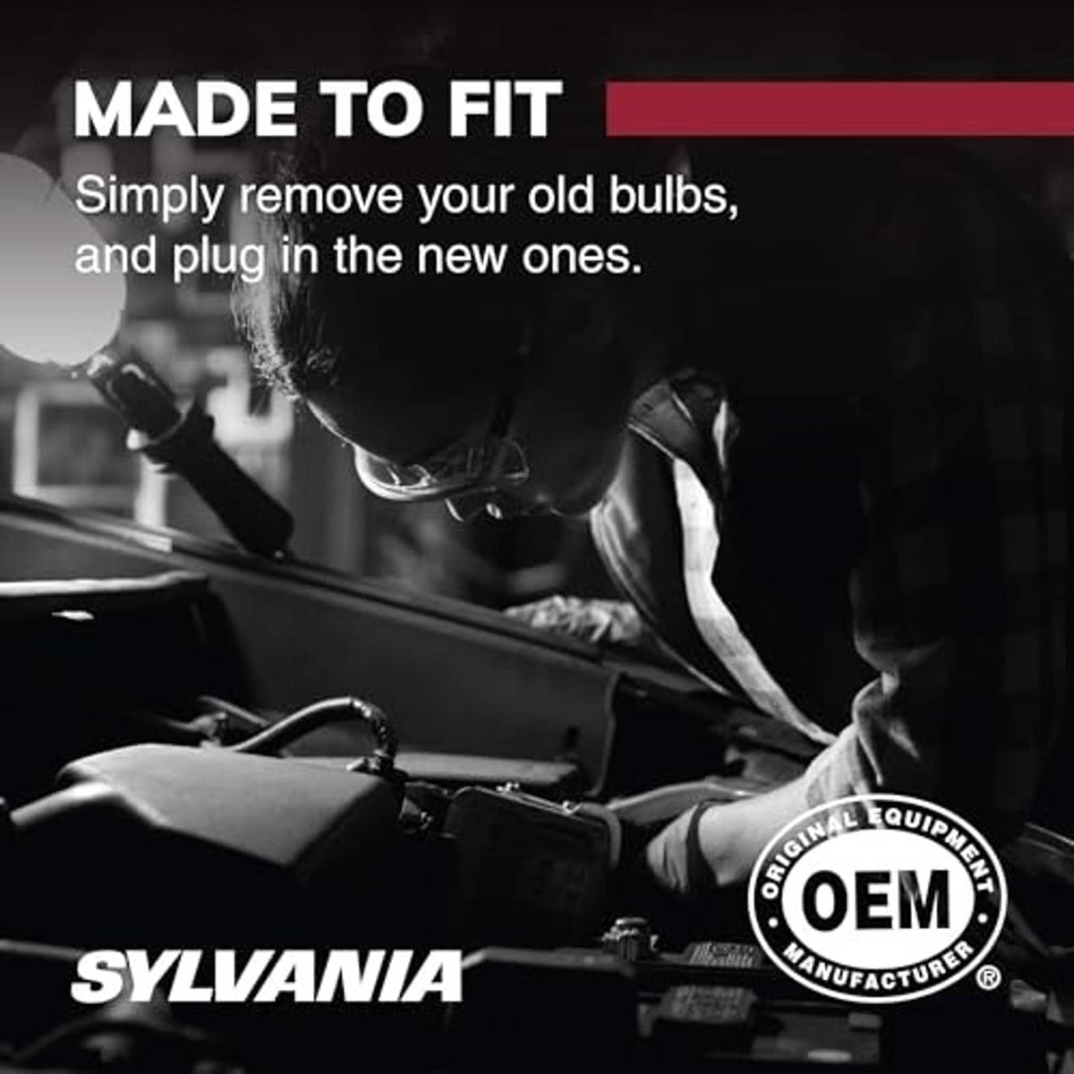 SYLVANIA bulb installation graphic with mechanic fitting a miniature bulb, OEM equipment seal