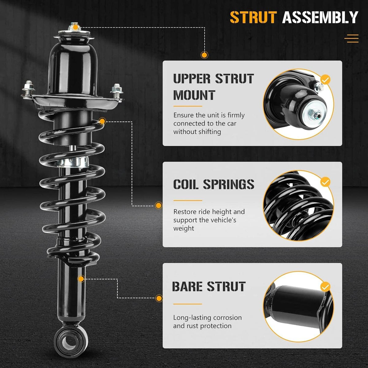 Single strut assembly showing coil spring, upper strut mount, and bare strut body