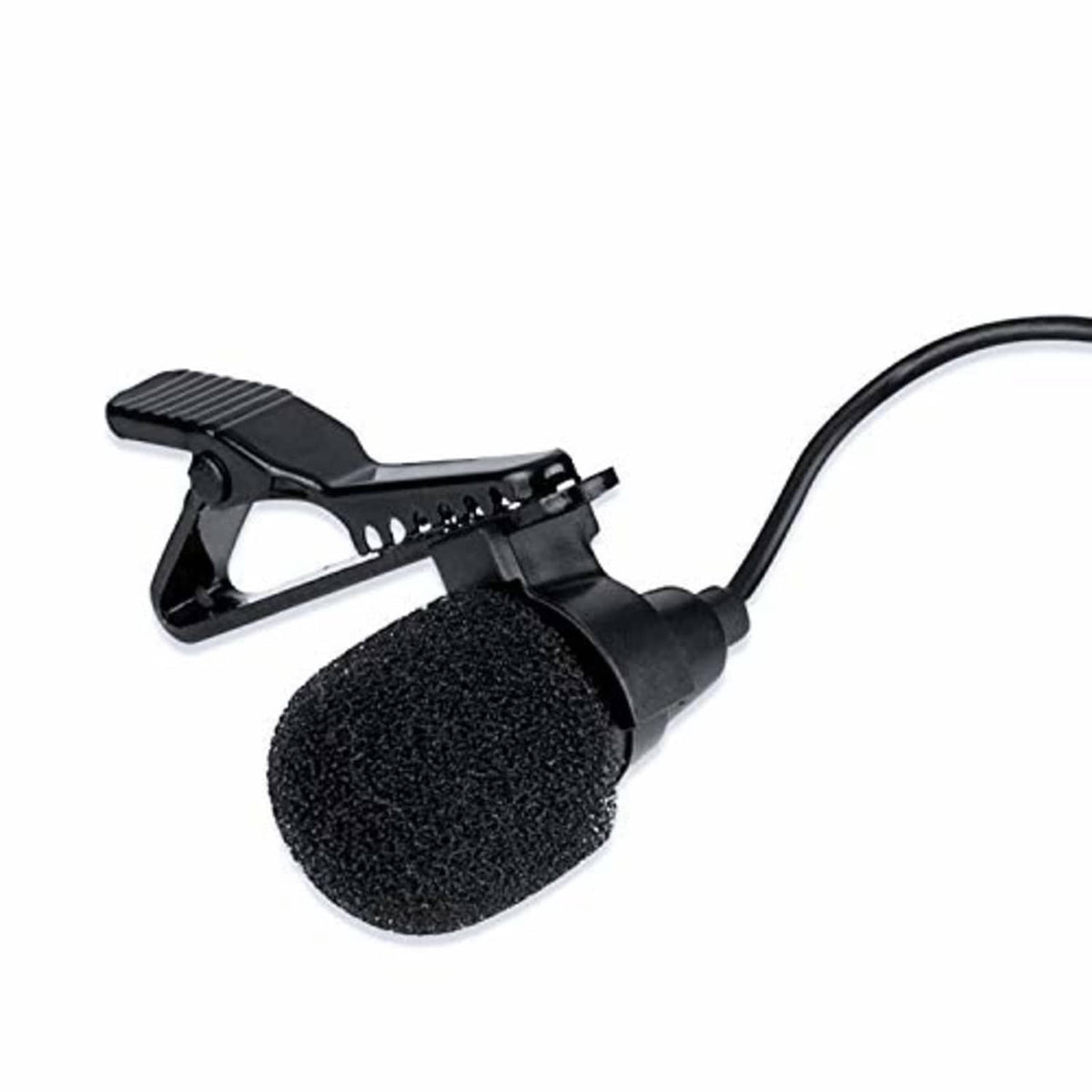 Black lavalier mic clip with foam windscreen on cable