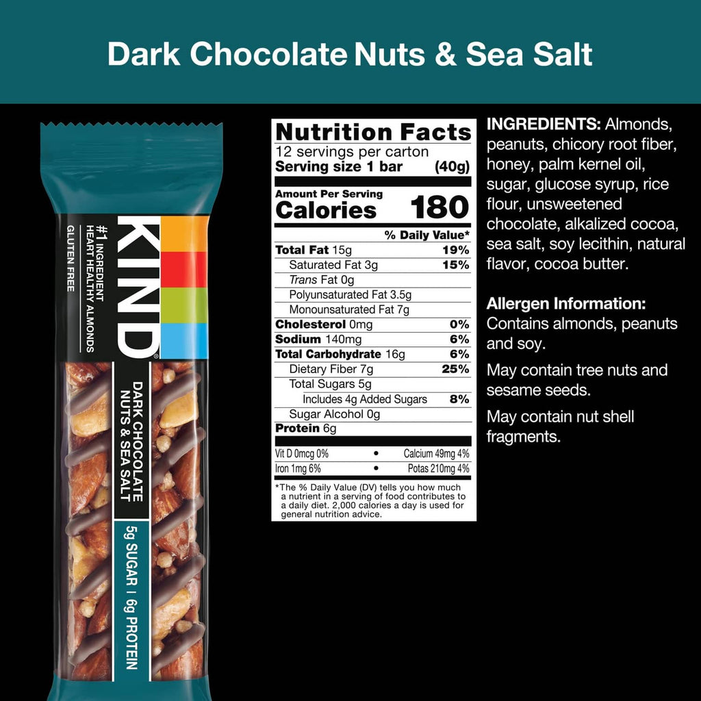 Dark chocolate nuts and sea salt snack bar with nutrition facts panel