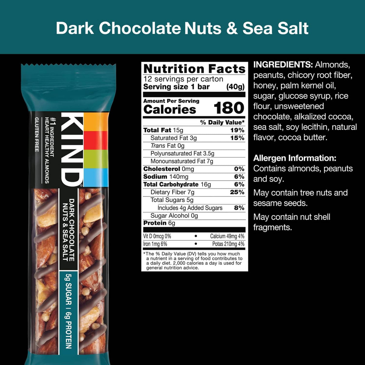 Dark chocolate nuts and sea salt snack bar with nutrition facts panel