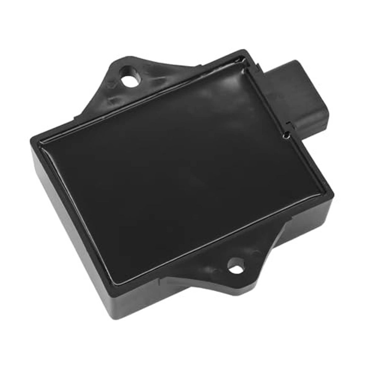 Black CDI ignition module with flat mounting plate and two screw holes