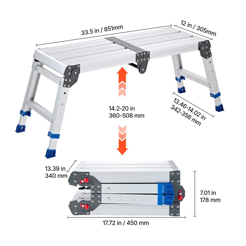 Adjustable folding work platform with height adjustment range and blue anti-slip foot pads